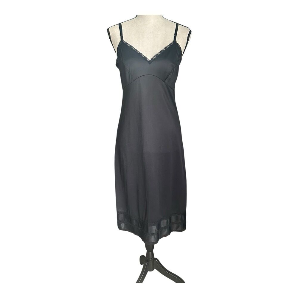 VTG Black Satin Lace Slip Dress Nightgown 90s Y2K Midi Lingerie Goth Romantic S